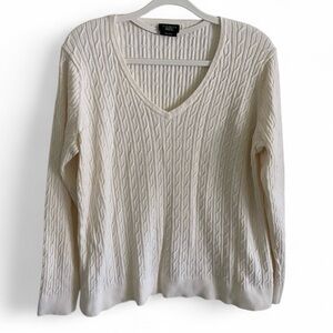 Talbots White V-Neck Cable Knit Pullover Cotton Sweater Womens Size Large Petite